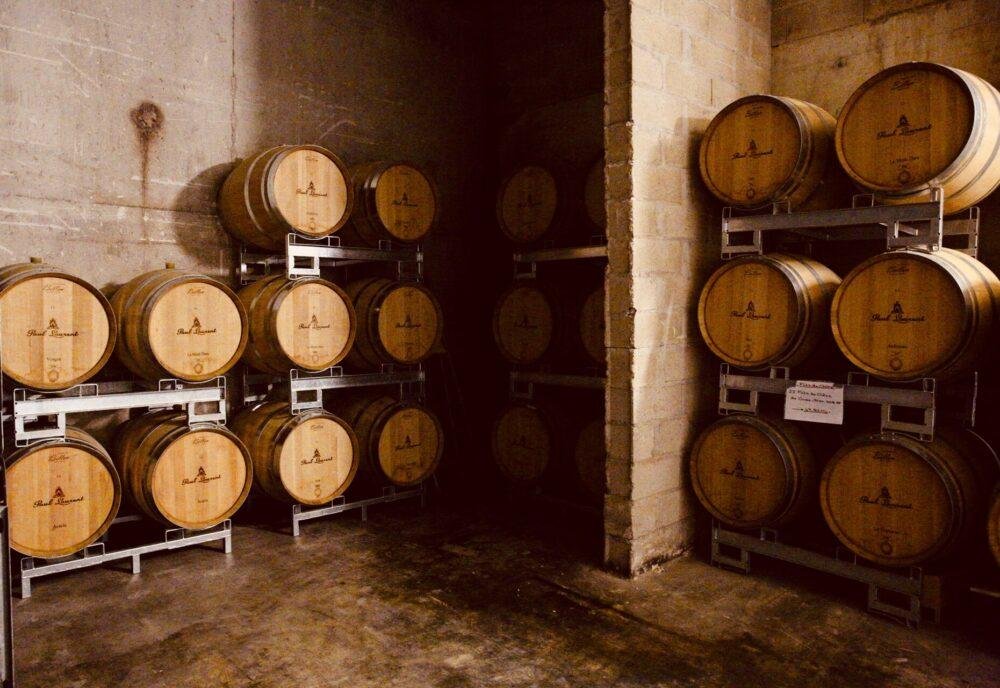 Rows of oak barrels in a champagne cellar